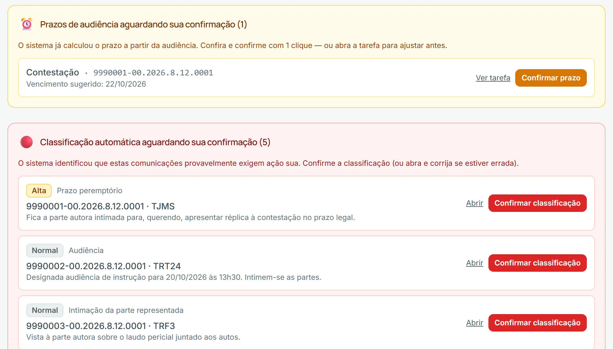 Controladoria com prazo sugerido e publicações aguardando confirmação