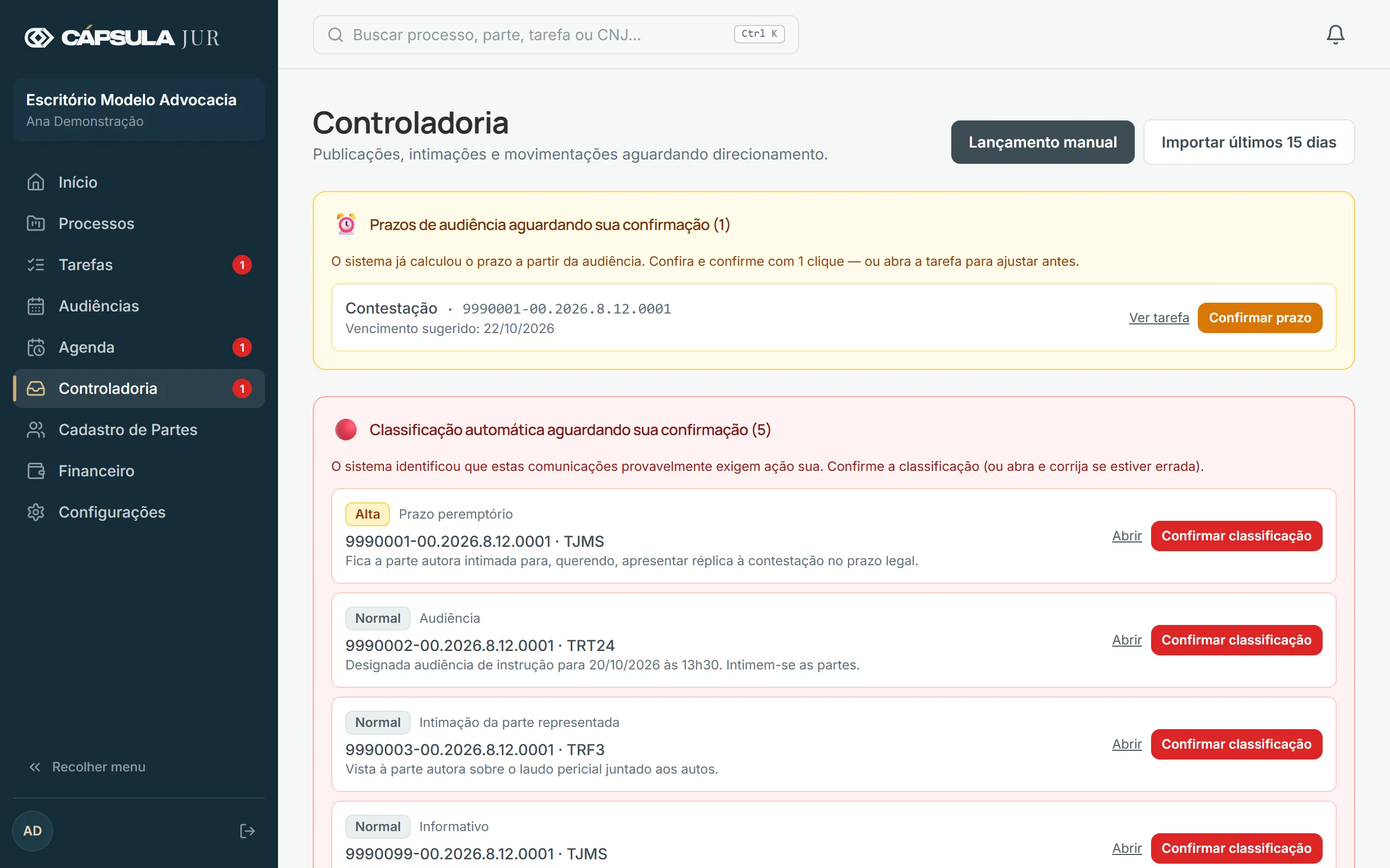 Controladoria com publicações aguardando confirmação da classificação